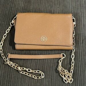 Brown Tory Burch crossbody wallet with gold details